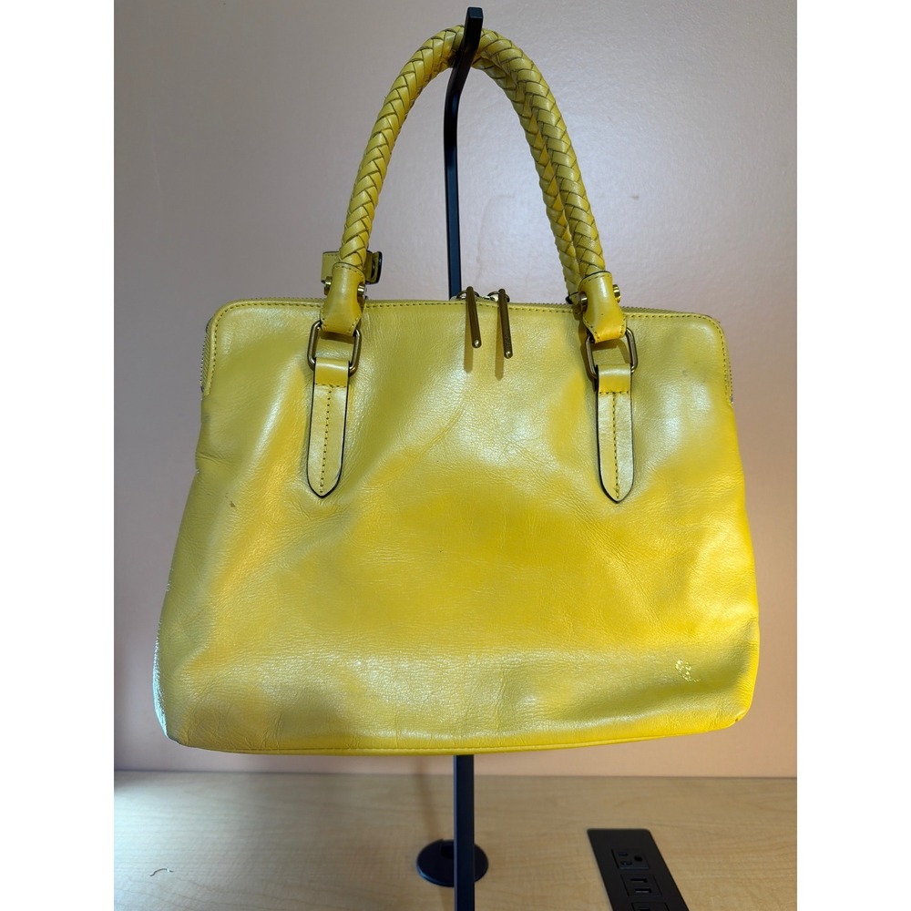 Elliott Lucca Yellow Leather Satchel Bag Braided Handles Triple Compartment